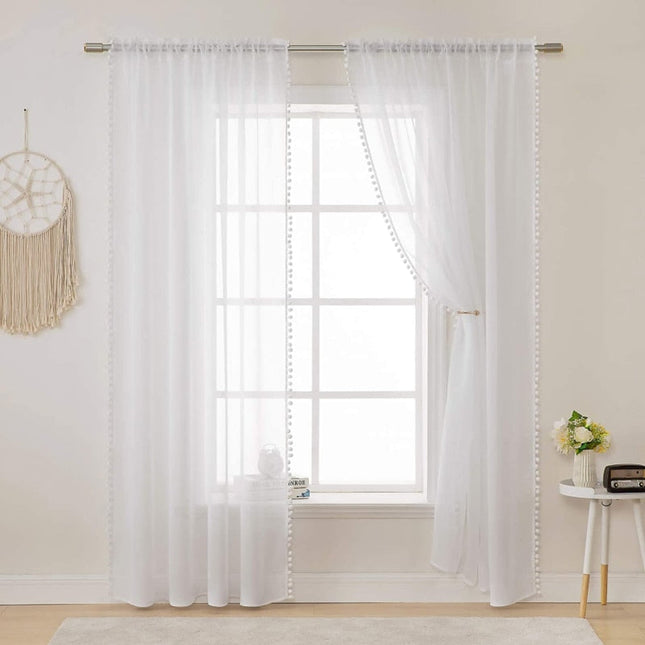 Tenda Voile Bianca con Bordo Pompon