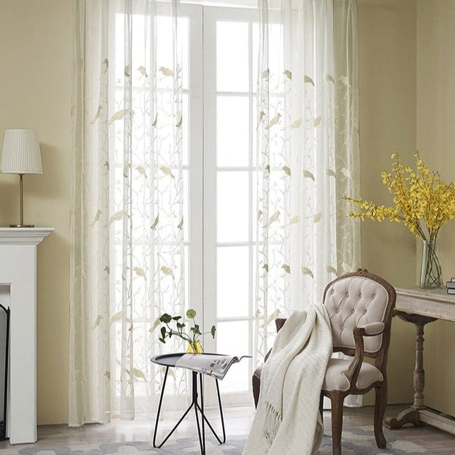 Tenda Voile Ricamata con Uccellini Naturali