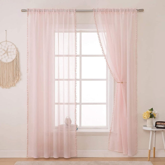 Tenda Voile Bianca con Bordo Pompon