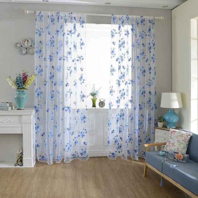 Tenda leggera con fiori blu ricamati