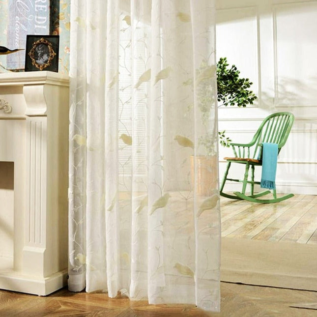 Tenda Voile Ricamata con Uccellini Naturali