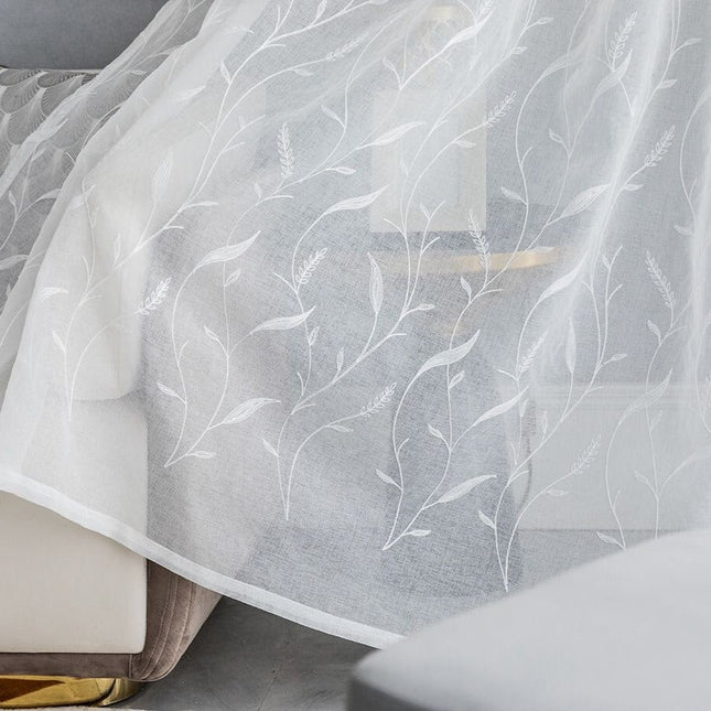 Tenda voile effetto lino rami ricamati