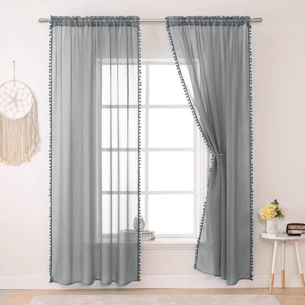 Tenda Voile Bianca con Bordo Pompon