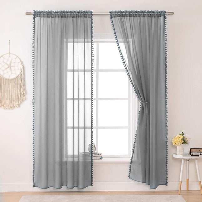 Tenda Voile Bianca con Bordo Pompon