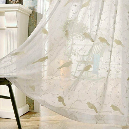 Tenda Voile Ricamata con Uccellini Naturali