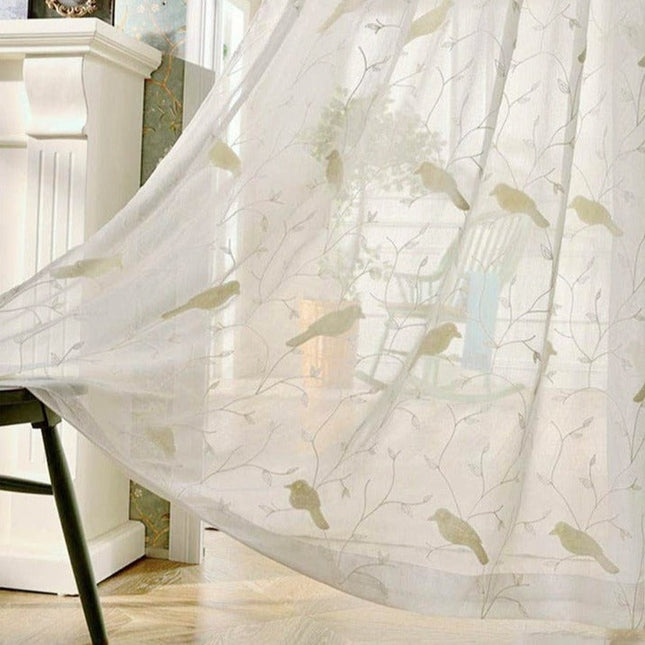 Tenda Voile Ricamata con Uccellini Naturali