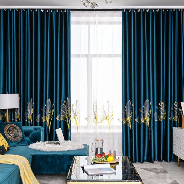 Tenda Oscurante Blu con Fiori Ricamati