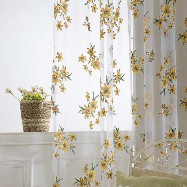 Tenda leggera con fiori blu ricamati