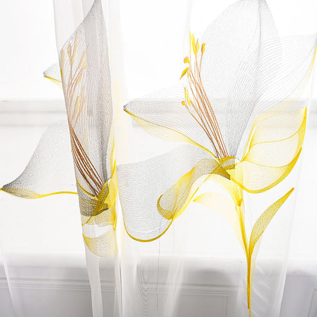 Tenda velata ricamata con fiori gialli