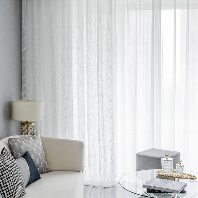 Tenda voile effetto lino rami ricamati