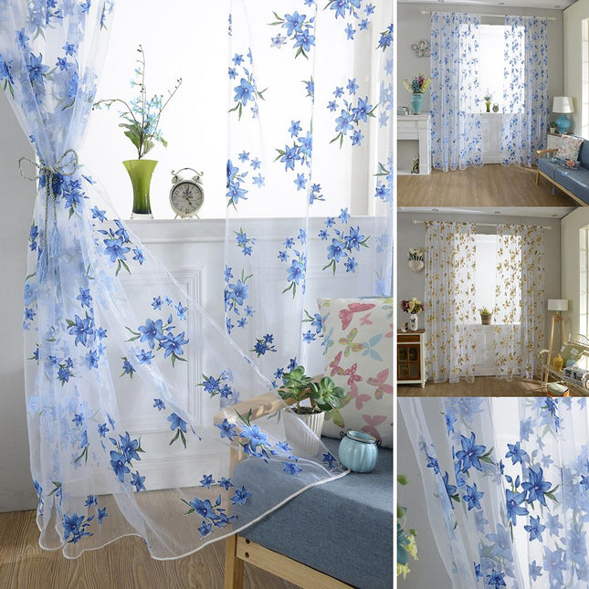 Tenda leggera con fiori blu ricamati