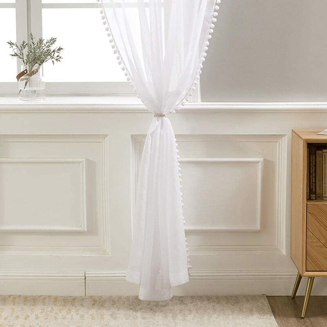 Tenda Voile Bianca con Bordo Pompon