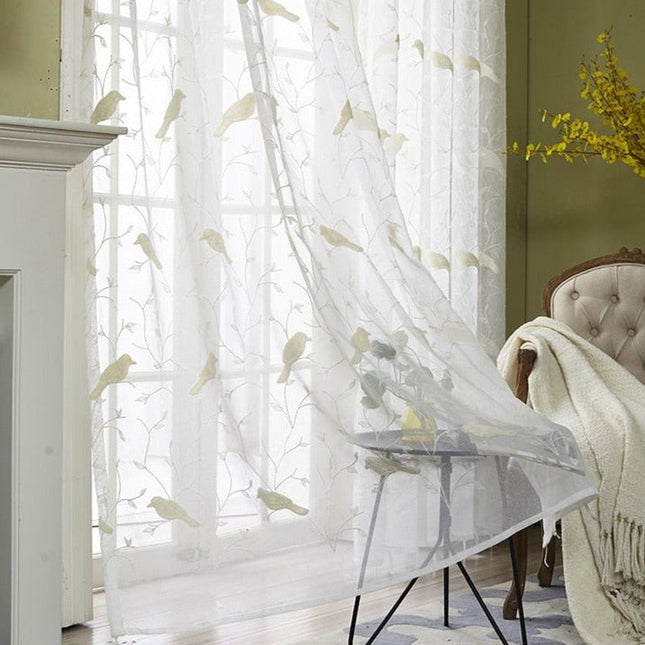 Tenda Voile Ricamata con Uccellini Naturali