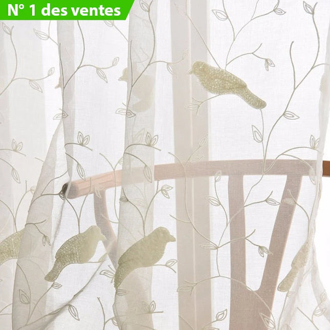 Tenda Voile Ricamata con Uccellini Naturali